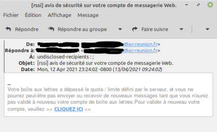 Faux message "avis sécurité sur votre compte messagerie Web." des systèmes d'information de l'académie de Strasbourg